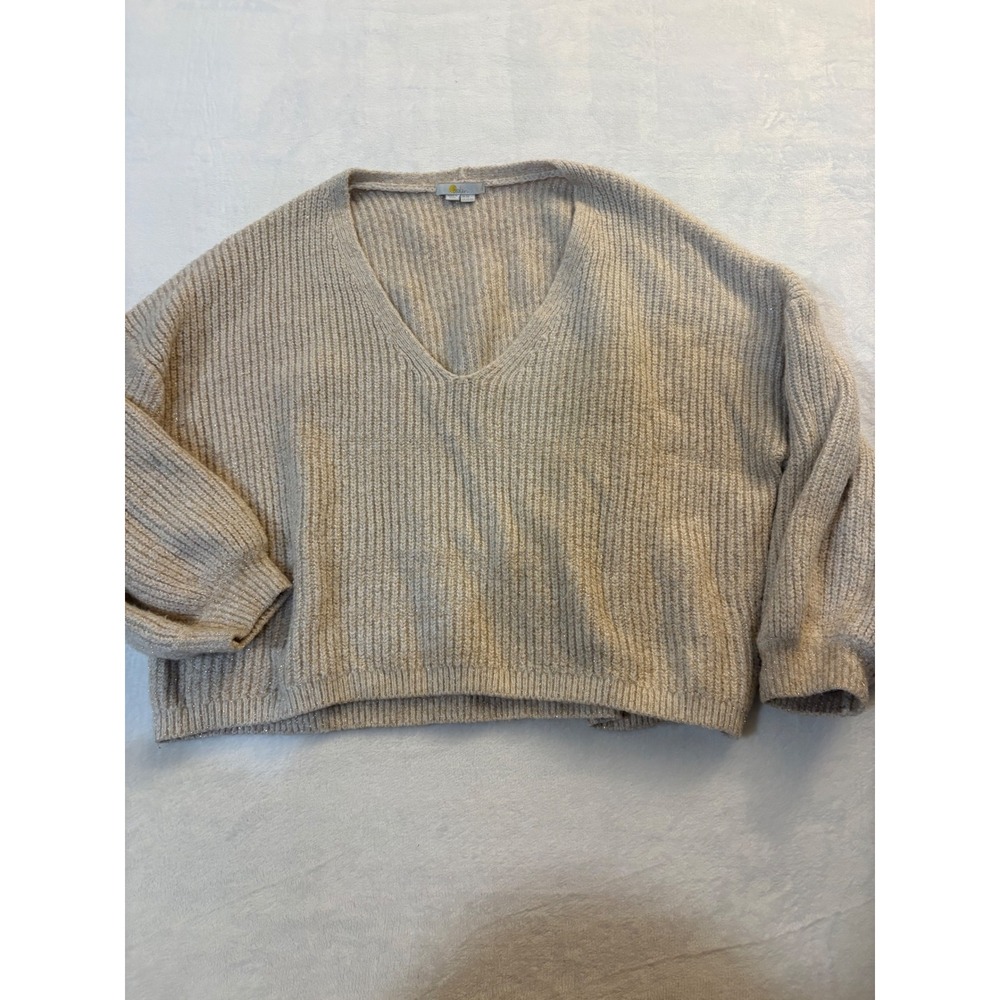 Boden Womens Metallic Sparkle Ribbed V-Neck Sweater Beige Wool Alpaca US 20/22